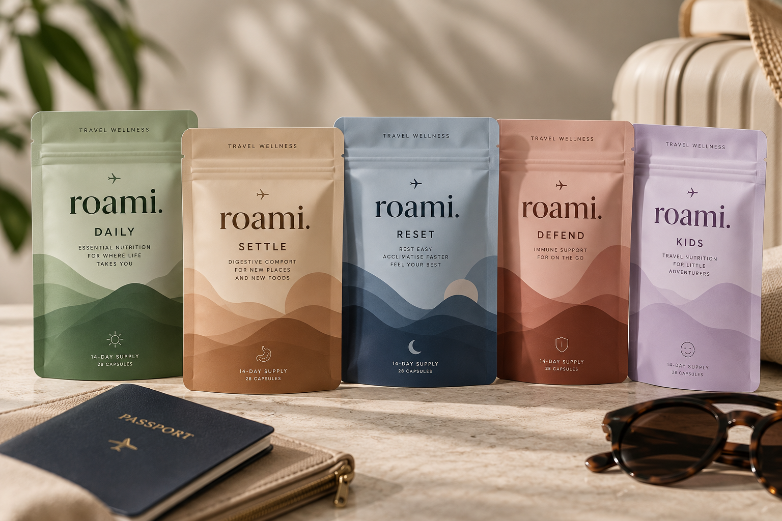 Concept designs for Roami's travel wellness supplement collection